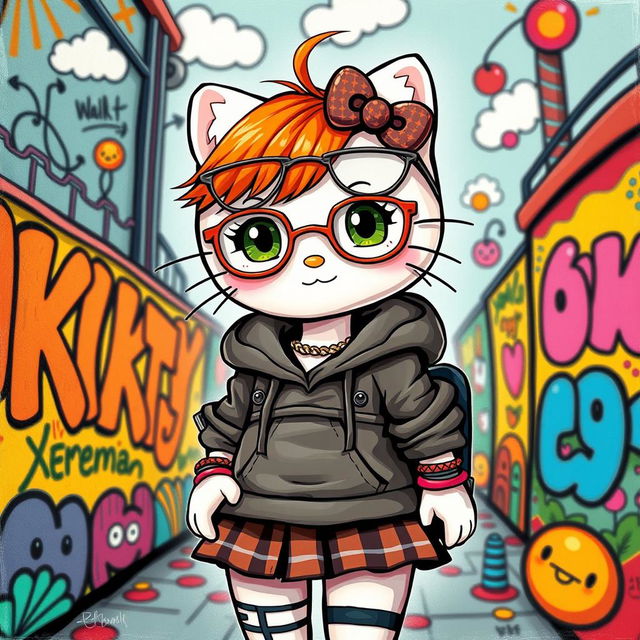 A whimsical and artistic depiction of an alternative style Hello Kitty, featuring bright ginger hair and stylish eyeglasses