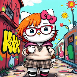 A whimsical and artistic depiction of an alternative style Hello Kitty, featuring bright ginger hair and stylish eyeglasses