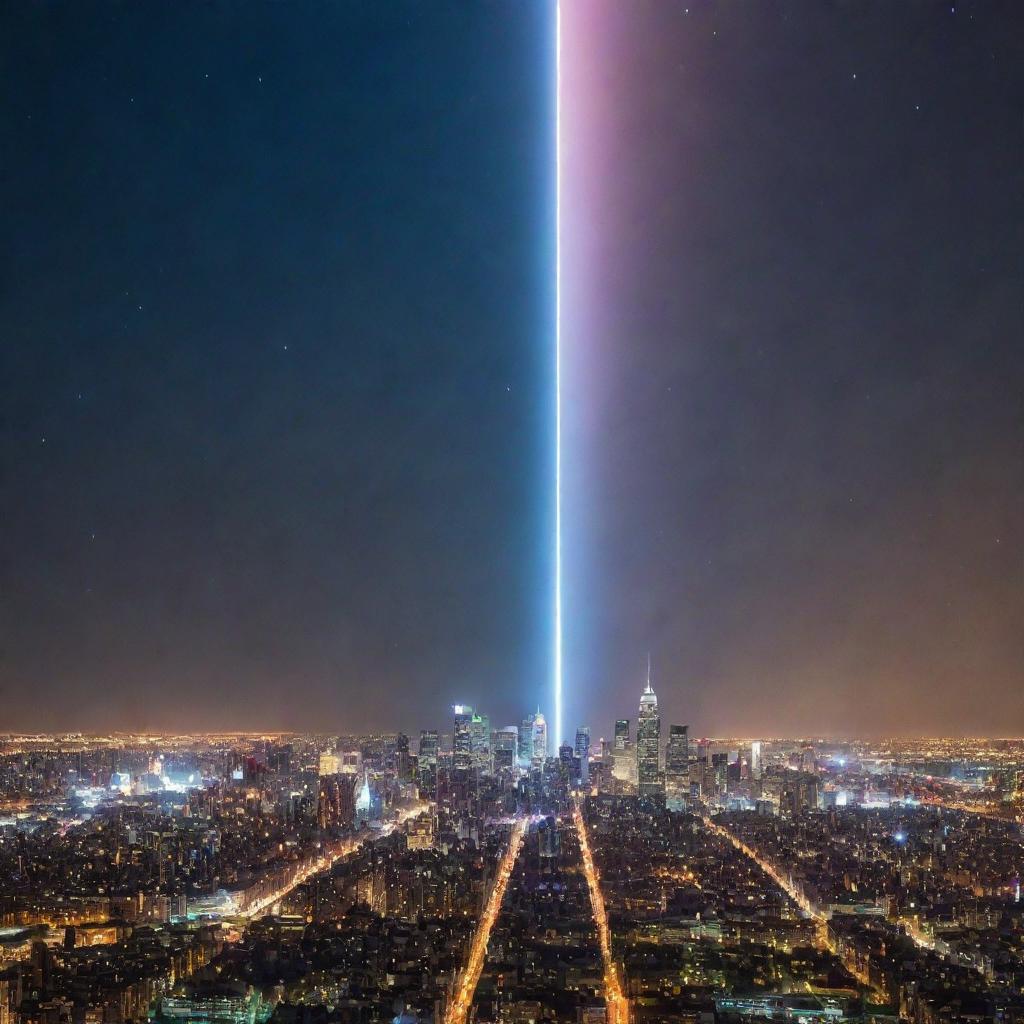 Two cities in a cosmic, non-violent, symbolic contest, represented by towering structures emanating powerful light beams into the sky, clashing high above the cities creating a resplendent spectacle.