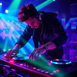 A DJ immersed in his craft, manipulating the turntables with precision