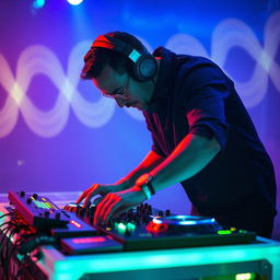 A DJ immersed in his craft, manipulating the turntables with precision