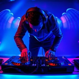 A DJ immersed in his craft, manipulating the turntables with precision