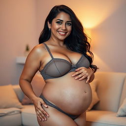 A Latina stepmother, around 35 years old, with a voluptuous body showcasing her curves, is wearing tasteful underwear