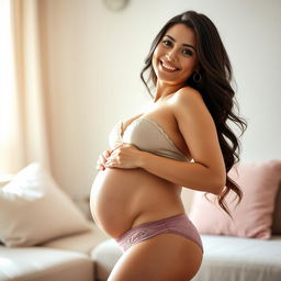 A Latina stepmother, around 35 years old, with a voluptuous body showcasing her curves, is wearing tasteful underwear
