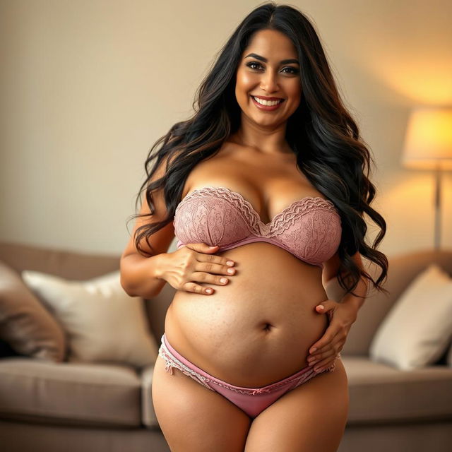 A Latina stepmother, around 35 years old, with a voluptuous body showcasing her curves, is wearing tasteful underwear