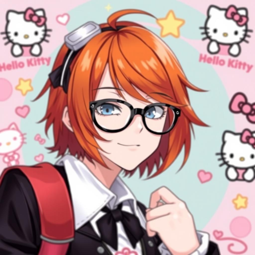 A stylish emo character with medium length ginger hair, wearing trendy glasses, surrounded by subtle Hello Kitty motifs