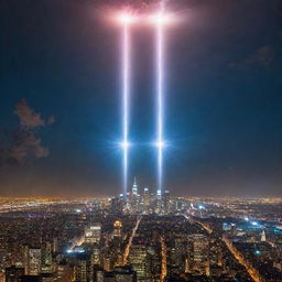 Two cities in a cosmic, non-violent, symbolic contest, represented by towering structures emanating powerful light beams into the sky, clashing high above the cities creating a resplendent spectacle.