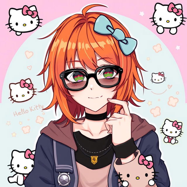 A stylish emo character with medium length ginger hair, wearing trendy glasses, surrounded by subtle Hello Kitty motifs