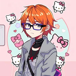A stylish emo character with medium length ginger hair, wearing trendy glasses, surrounded by subtle Hello Kitty motifs