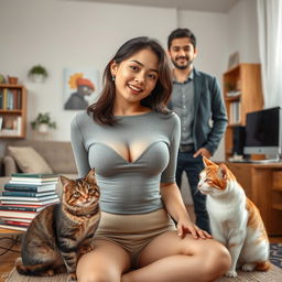 A beautiful young Asian-European mixed woman with a slim figure and large breasts playfully teasing in a clean house