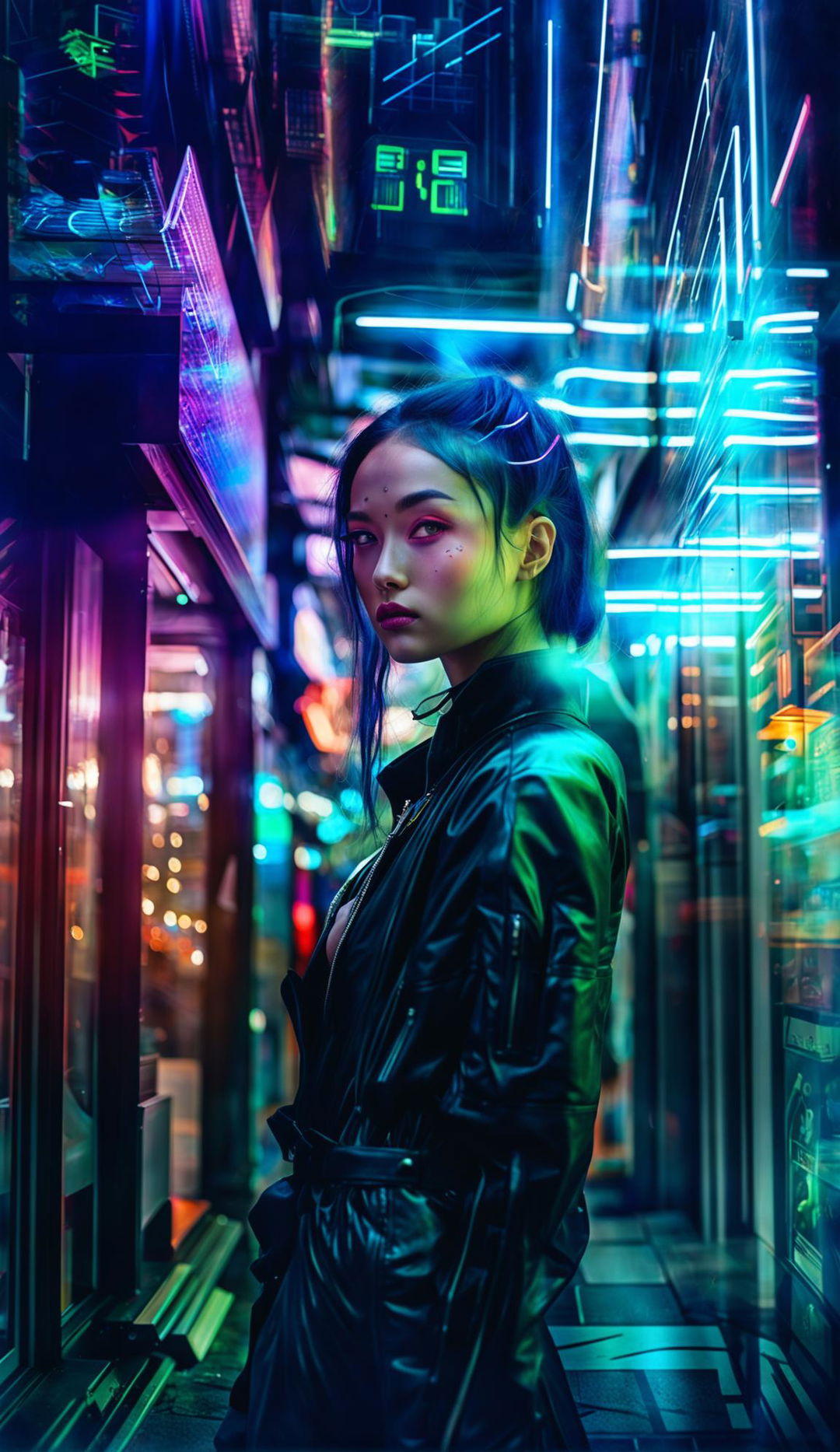 36k HD RAW double exposure street photography of a futuristic cyberpunk cityscape. A beautiful 21-year-old Eurasian woman with traditional style long, light cyan hair and light pink irises is looking at a shop door across the road.