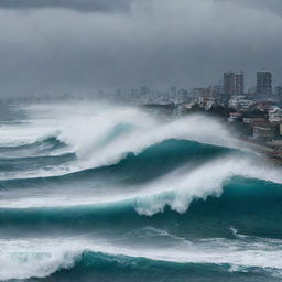 The cities are faced with a massive tsunami wave rushing towards them, creating a dramatic scene of impending challenge. The ocean looks furious yet majestic as the water mounts high above the cityscape.