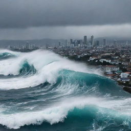 The cities are faced with a massive tsunami wave rushing towards them, creating a dramatic scene of impending challenge. The ocean looks furious yet majestic as the water mounts high above the cityscape.