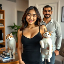 A beautiful Asian-European mixed woman with a slim figure and large breasts playfully teasing in a clean house