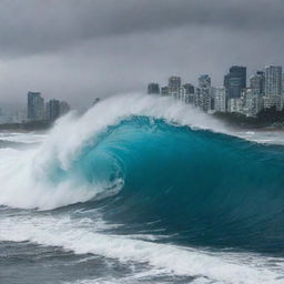 The cities are faced with a massive tsunami wave rushing towards them, creating a dramatic scene of impending challenge. The ocean looks furious yet majestic as the water mounts high above the cityscape.