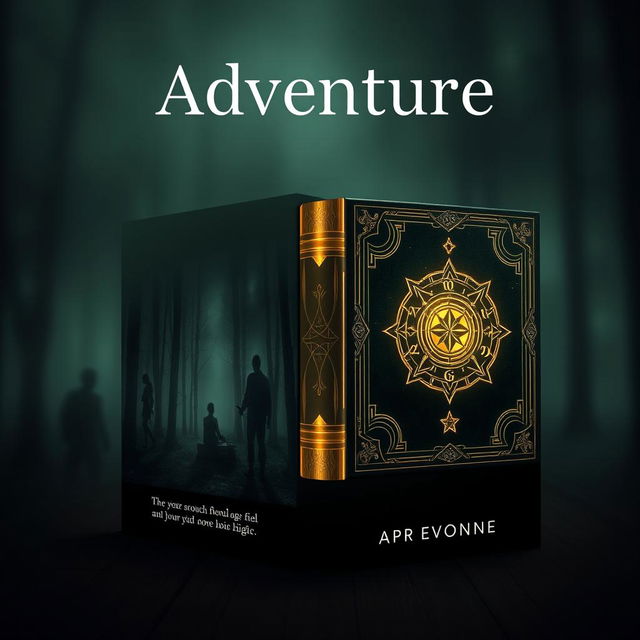 A dramatic book cover design featuring a mysterious, misty forest on the left side symbolizing adventure, and an enchanting, ancient book with mystical symbols glowing on the right side, suggesting magic and knowledge