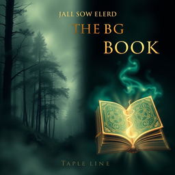 A dramatic book cover design featuring a mysterious, misty forest on the left side symbolizing adventure, and an enchanting, ancient book with mystical symbols glowing on the right side, suggesting magic and knowledge