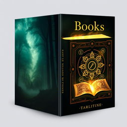 A dramatic book cover design featuring a mysterious, misty forest on the left side symbolizing adventure, and an enchanting, ancient book with mystical symbols glowing on the right side, suggesting magic and knowledge