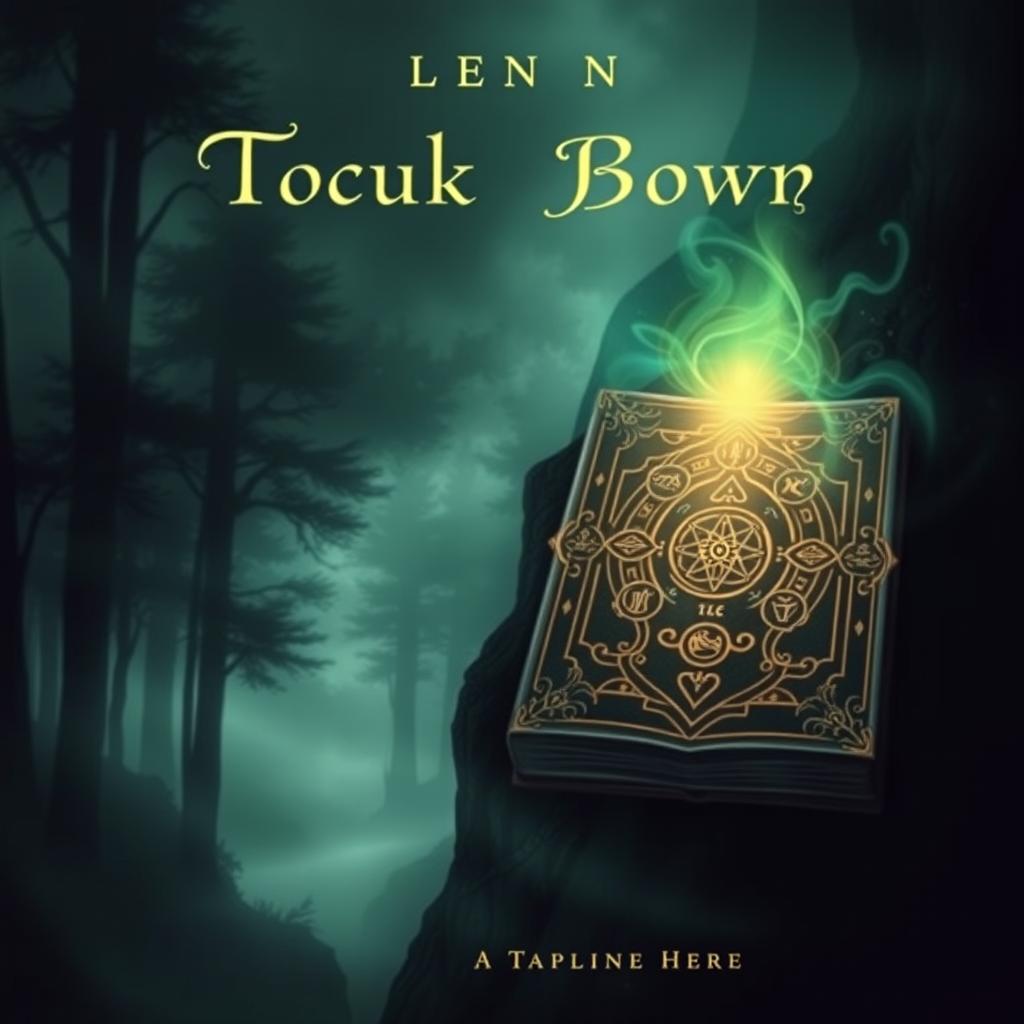 A dramatic book cover design featuring a mysterious, misty forest on the left side symbolizing adventure, and an enchanting, ancient book with mystical symbols glowing on the right side, suggesting magic and knowledge