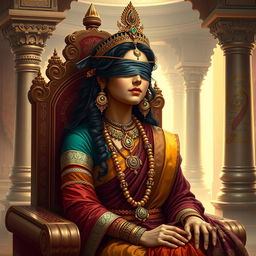 A detailed and artistic depiction of Gandhari, the queen from the Mahabharata, shown gracefully seated on a throne