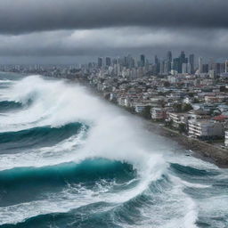 The cities are faced with a massive tsunami wave rushing towards them, creating a dramatic scene of impending challenge. The ocean looks furious yet majestic as the water mounts high above the cityscape.