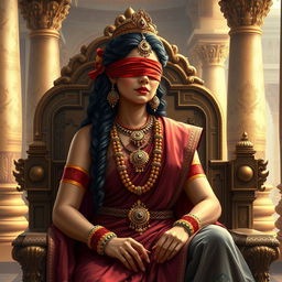 A detailed and artistic depiction of Gandhari, the queen from the Mahabharata, shown gracefully seated on a throne