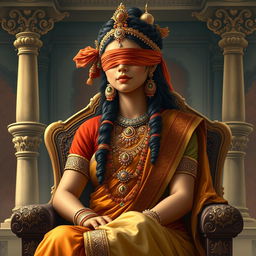A detailed and artistic depiction of Gandhari, the queen from the Mahabharata, shown gracefully seated on a throne