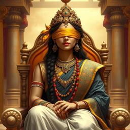 A detailed and artistic depiction of Gandhari, the queen from the Mahabharata, shown gracefully seated on a throne