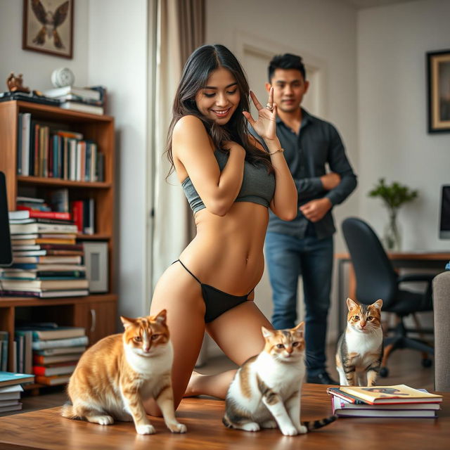 A beautiful Indonesian-European mixed woman with a slim figure and large breasts, playfully engaging in a clean house