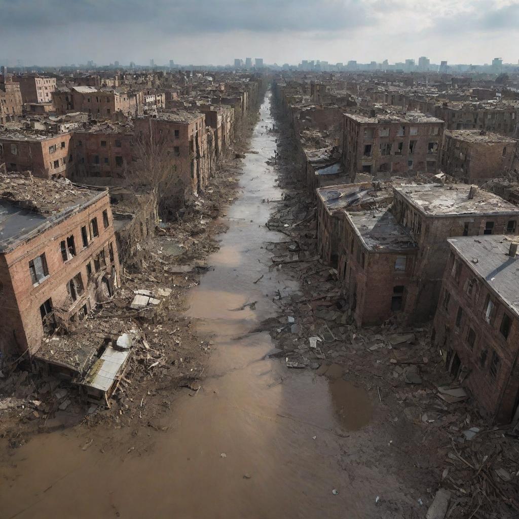 The once lively city now presents a scene of dramatic devastation, with toppled buildings, and flooded streets. Amidst chaos, the remnants of the city stand as an epitome of resilience.