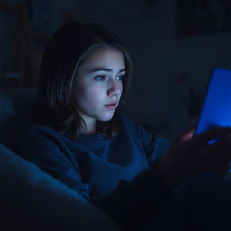 A focused individual intently watching a glowing screen in a dimly lit room