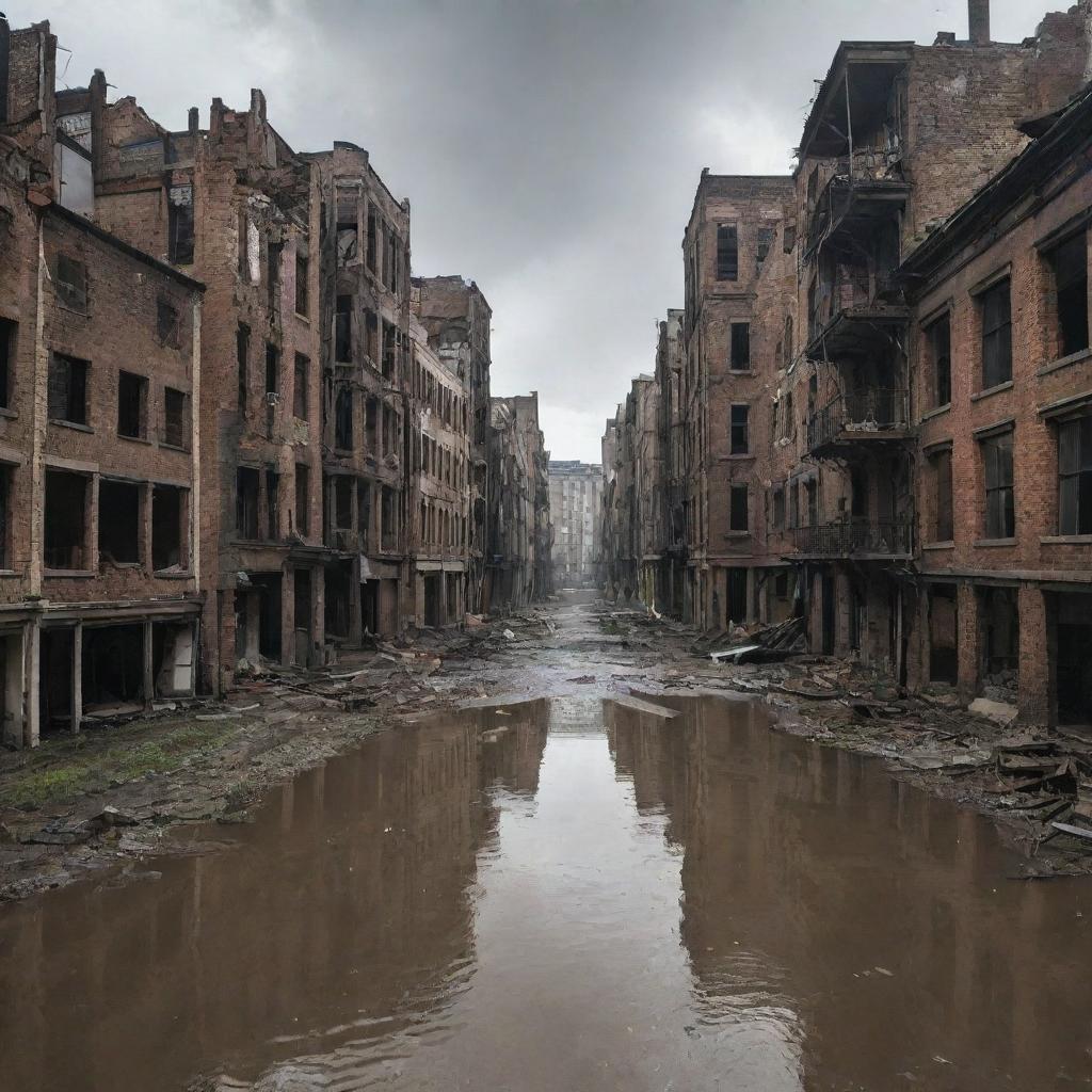 The once lively city now presents a scene of dramatic devastation, with toppled buildings, and flooded streets. Amidst chaos, the remnants of the city stand as an epitome of resilience.