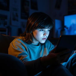 A focused individual intently watching a glowing screen in a dimly lit room