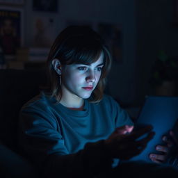 A focused individual intently watching a glowing screen in a dimly lit room