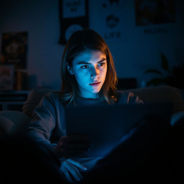 A focused individual intently watching a glowing screen in a dimly lit room