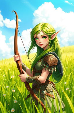 A beautiful elf girl in a vibrant grassy field, holding a finely crafted bow