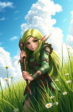 A beautiful elf girl in a vibrant grassy field, holding a finely crafted bow