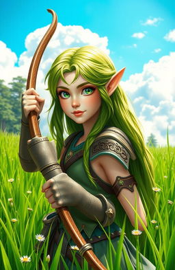 A beautiful elf girl in a vibrant grassy field, holding a finely crafted bow