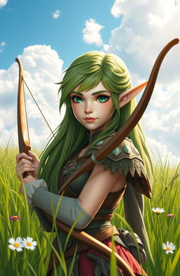 A beautiful elf girl in a vibrant grassy field, holding a finely crafted bow