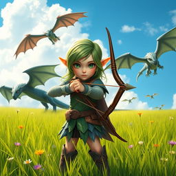 A short elf girl standing confidently in a lush grassy field, holding a finely crafted bow pointed forward