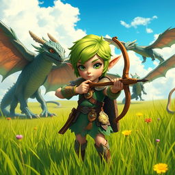 A short elf girl standing confidently in a lush grassy field, holding a finely crafted bow pointed forward