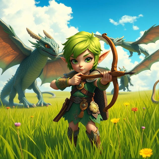 A short elf girl standing confidently in a lush grassy field, holding a finely crafted bow pointed forward