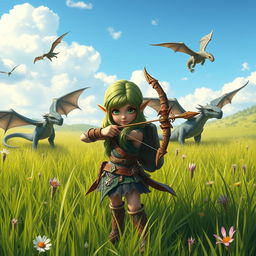 A short elf girl standing confidently in a lush grassy field, holding a finely crafted bow pointed forward