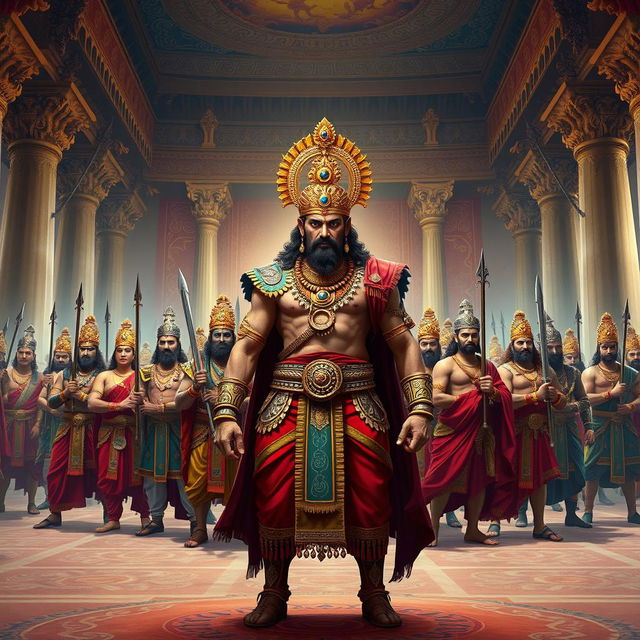 An epic scene depicting Duryodhana along with his hundred brothers, the Kauravas, from the Mahabharata