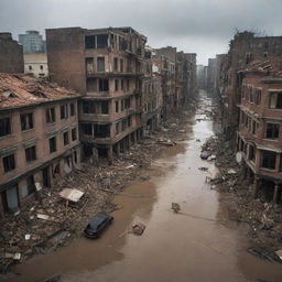 The once lively city now presents a scene of dramatic devastation, with toppled buildings, and flooded streets. Amidst chaos, the remnants of the city stand as an epitome of resilience.