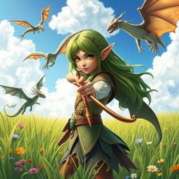 A determined elf girl standing in a lush grassy field, holding a beautifully crafted bow aimed forward