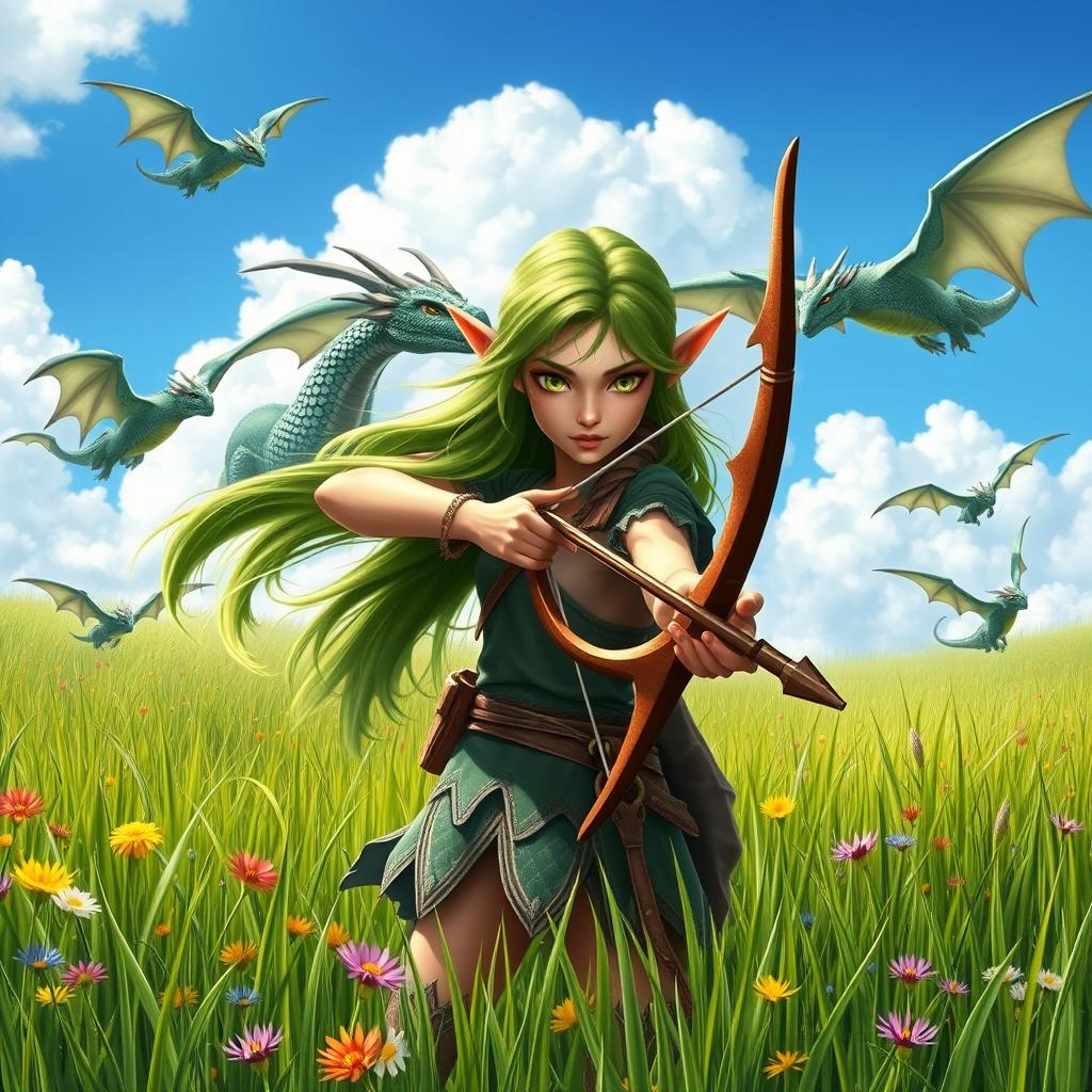 A determined elf girl standing in a lush grassy field, holding a beautifully crafted bow aimed forward