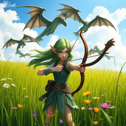 A determined elf girl standing in a lush grassy field, holding a beautifully crafted bow aimed forward