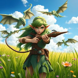 A determined elf girl standing in a lush grassy field, holding a beautifully crafted bow aimed forward