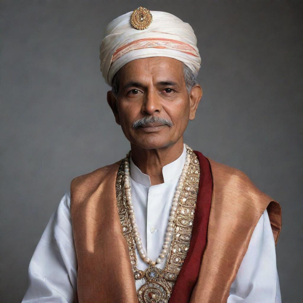 A respect-inspiring, dignified figure of an Ustad, dressed in traditional attire, carrying an air of wisdom and knowledge. His face displays an expression of serenity and peace, as he engaged in teaching or prayer.